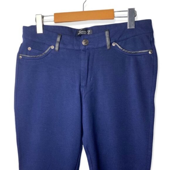 Seven 7 Blue Pants with Faux Leather  Trim - Picture 2 of 9